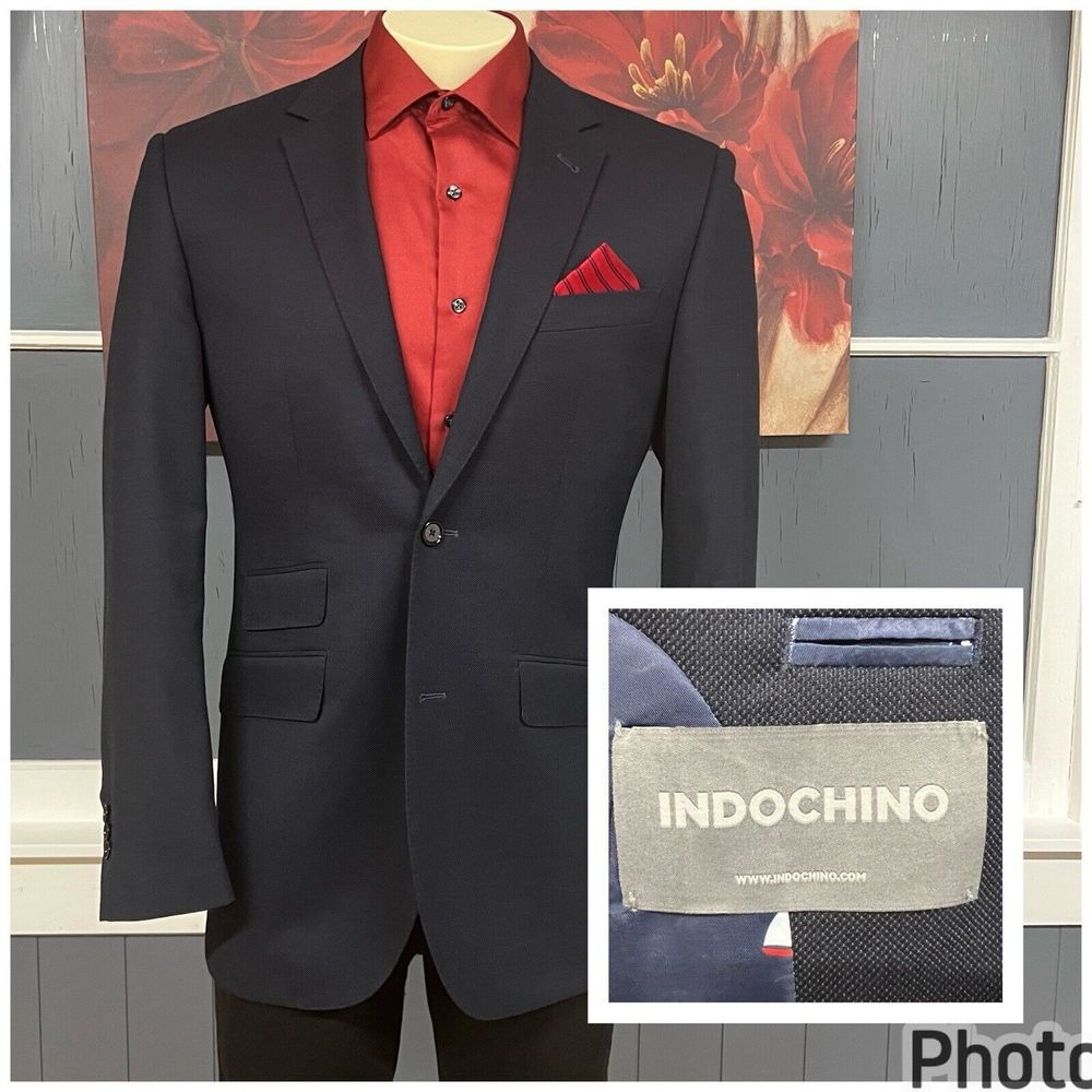 Indochino Blazer Bespoke Men 42-44R Wool Tailored Jacket Dark Navy Working Cuffs